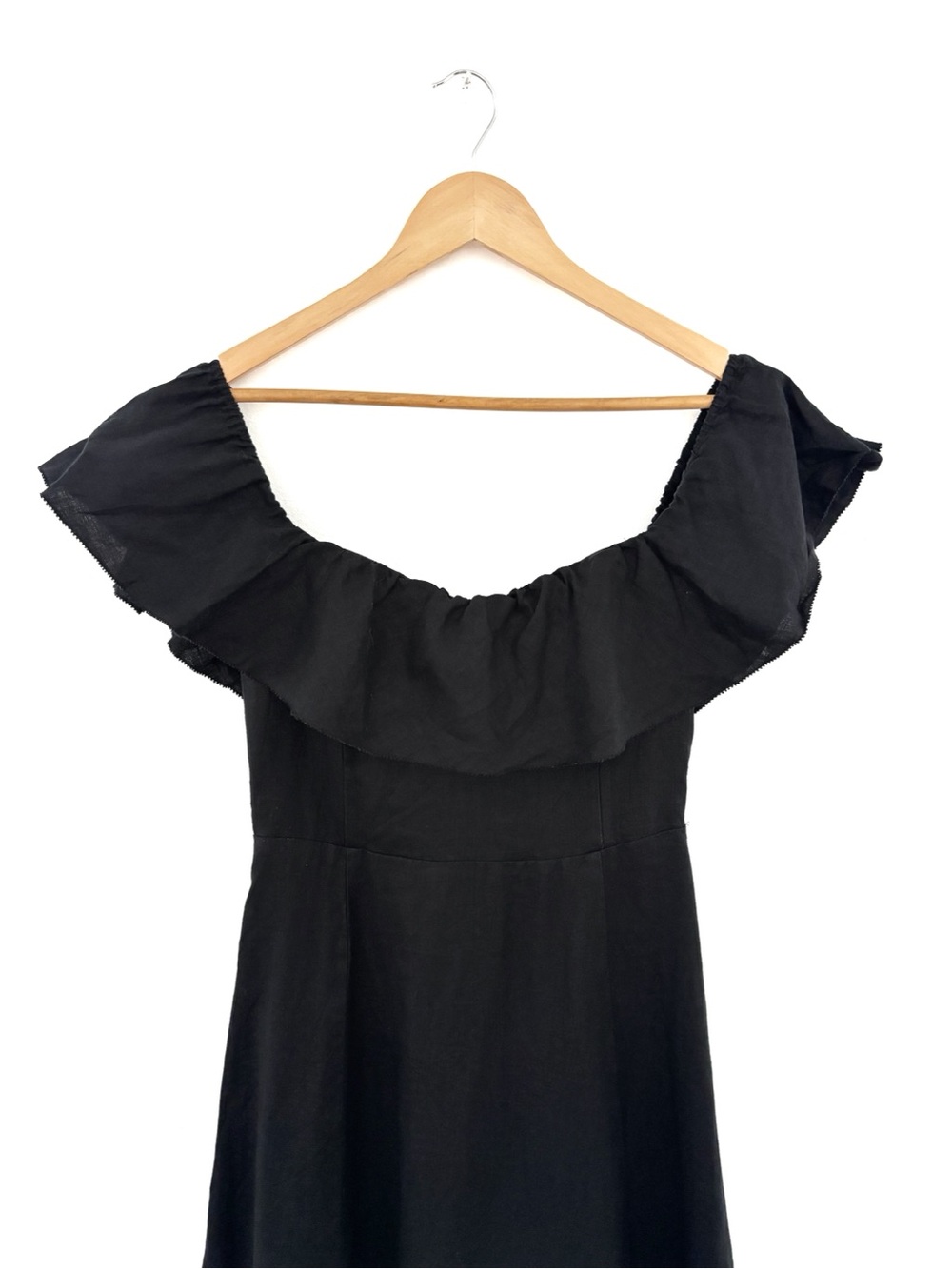 Wilfred Marmion Linen Dress Black Off Shoulder Ruffle Midi Size 4 Aritzia - Picture 7 of 12